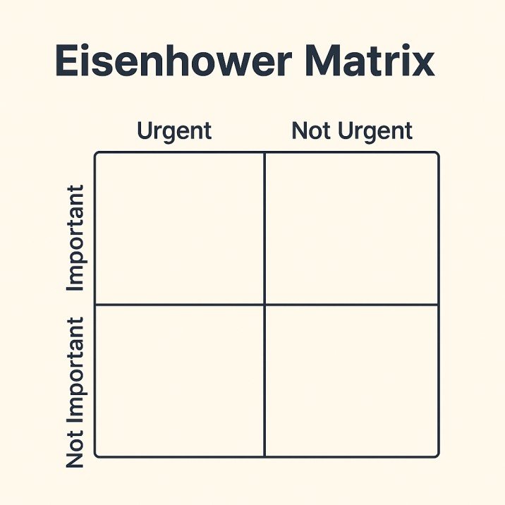 "An image of the Eisenhower Matrix, a 2x2 grid for prioritizing tasks. The columns are labeled 'Urgent' and 'Not Urgent,' and the rows are labeled 'Important' and 'Not Important.' The four quadrants of the matrix are blank."