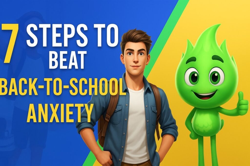 "Thumbnail for ‘7 Steps to Beat Back-to-School Anxiety’—bold headline with a confident teen student and green mascot on a blue/yellow split background." اطرح سؤالك على ChatGPT