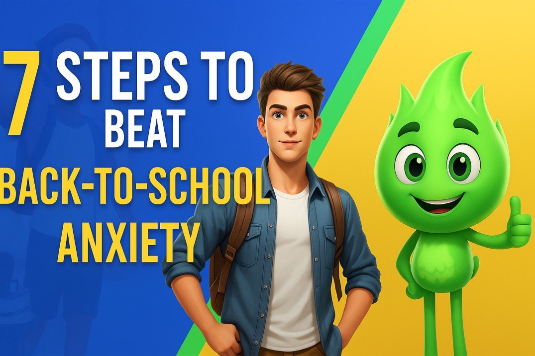 "Thumbnail for ‘7 Steps to Beat Back-to-School Anxiety’—bold headline with a confident teen student and green mascot on a blue/yellow split background." اطرح سؤالك على ChatGPT