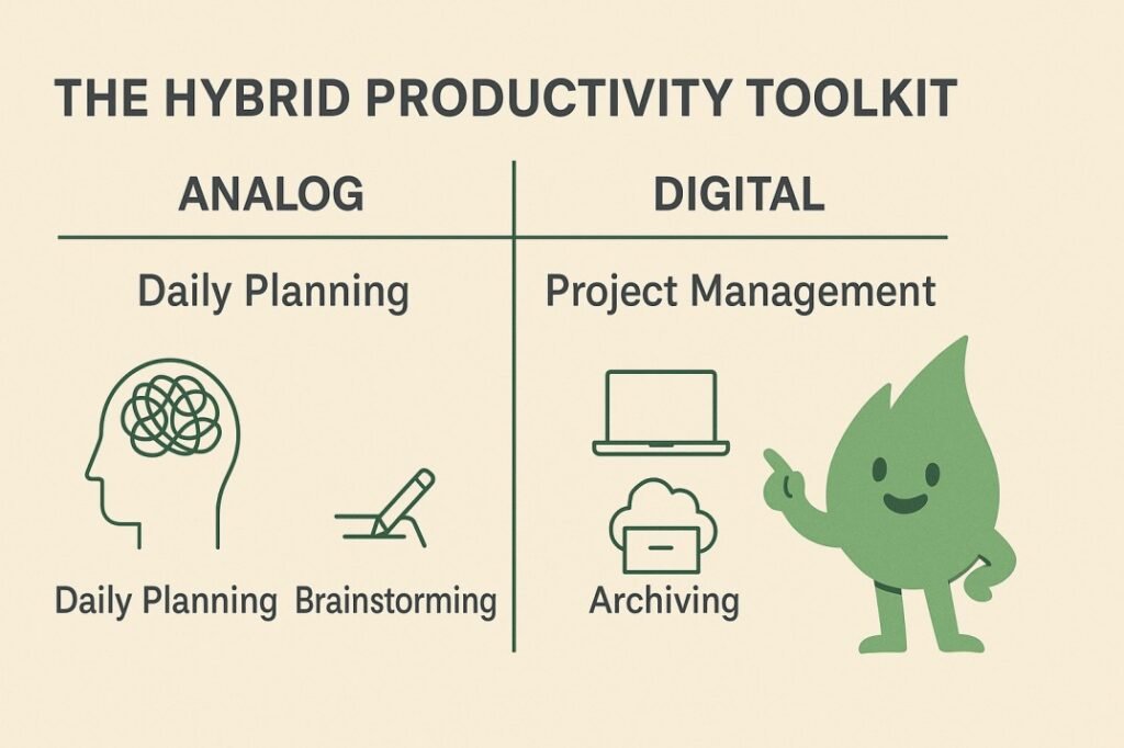  A chart comparing the best uses for analog tools (thinking) and digital tools (execution) in a hybrid productivity system.
