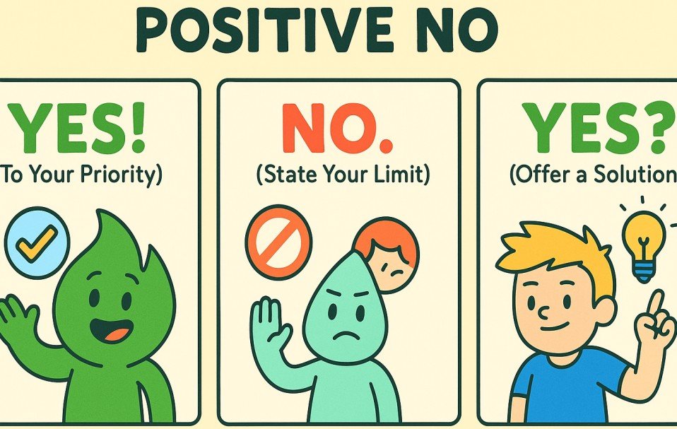 A simple three-panel infographic with icons. Panel 1: "YES! (To Your Priority)". Panel 2: "NO. (State Your Limit)". Panel 3: "YES? (Offer a Solution)".