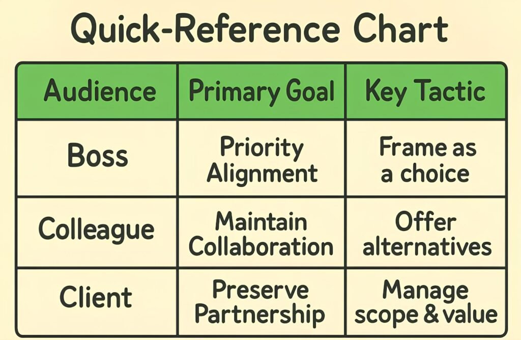  A simple three-column table: "Audience," "Primary Goal," and "Key Tactic."

Boss: Priority Alignment -> Frame as a choice.

Colleague: Maintain Collaboration -> Offer alternatives.

Client: Preserve Partnership -> Manage scope & value.