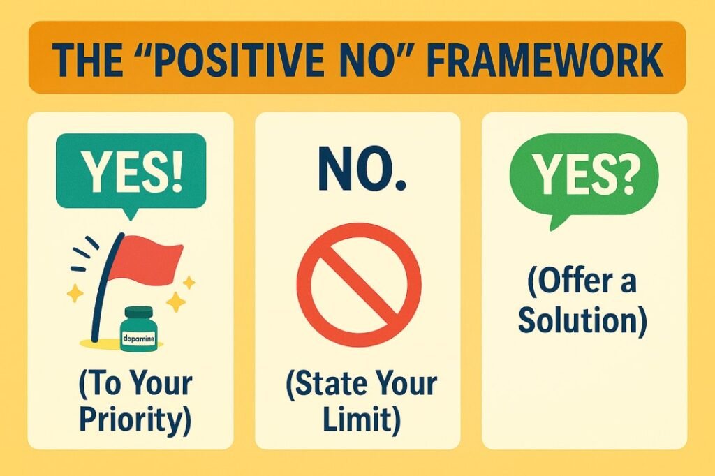 "The Positive No framework – visual guide showing three steps: Yes to your priority, No to state your limit, and Yes to offer a solution. Illustrated with icons of a red flag, no symbol, and a green speech bubble."