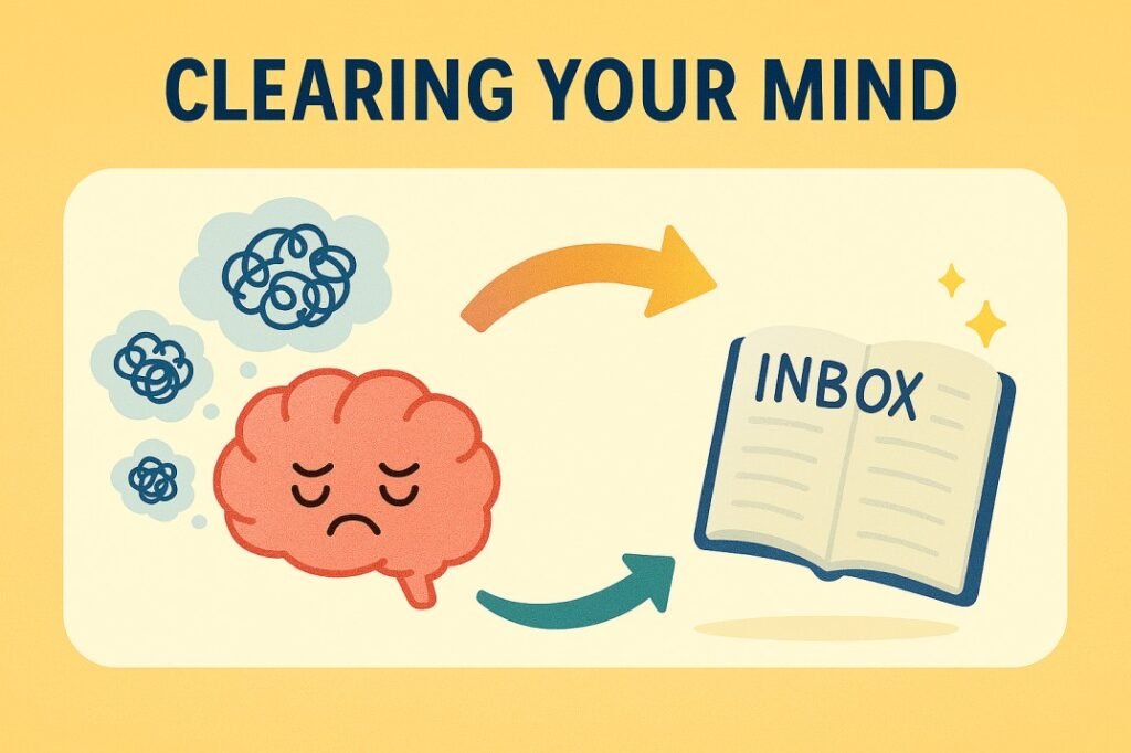 "Clearing your mind – infographic showing a sad brain with messy thoughts being transferred into an organized 'Inbox' notebook, representing mental decluttering."
