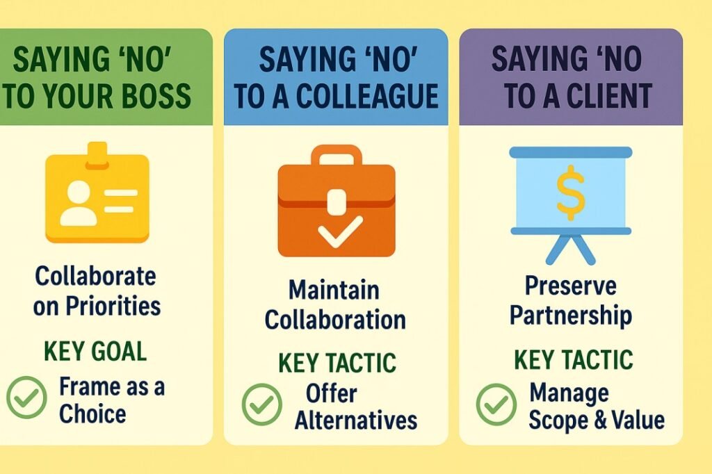 "Saying no at work – infographic showing how to say no to your boss, colleague, or client. Tips include collaborating on priorities with your boss, offering alternatives to colleagues, and managing scope and value for clients."