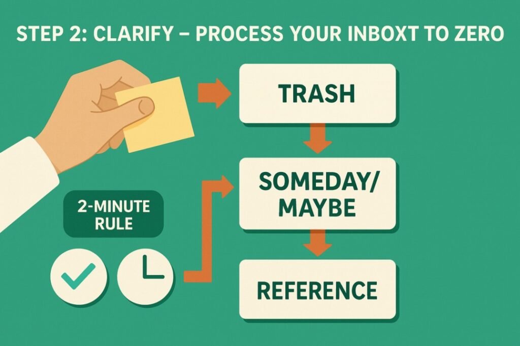 ALT: Diagram showing a hand placing a sticky note, with arrows leading to categories labeled Trash, Someday/Maybe, and Reference, alongside a clock icon for the 2-minute rule.