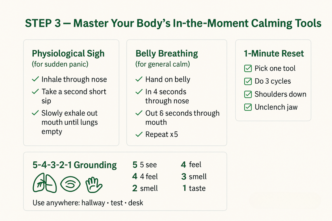 “Step 3: In-the-moment calming tools—physiological sigh, belly breathing (4-in/6-out), and 5-4-3-2-1 grounding with one-minute reset checklist.”

