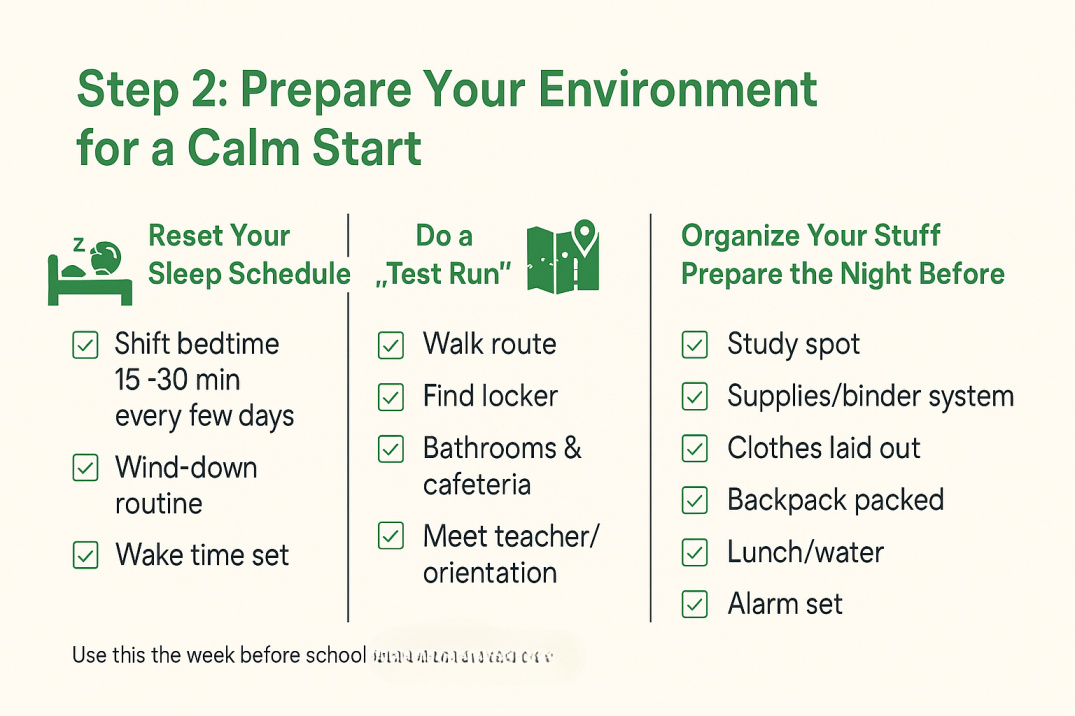 “Step 2: Prepare your environment—sleep reset, school test run, organized study space, and night-before prep to reduce back-to-school anxiety.”