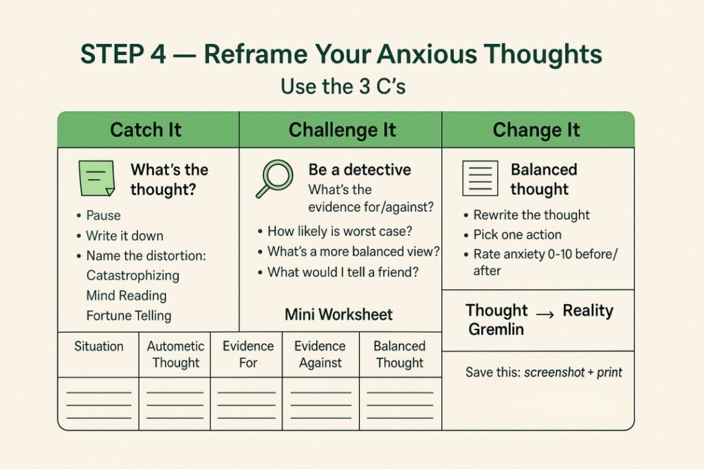 “Step 4: Reframe anxious thoughts—‘Catch, Challenge, Change’ CBT worksheet to replace catastrophizing with balanced, realistic thinking for students.”

