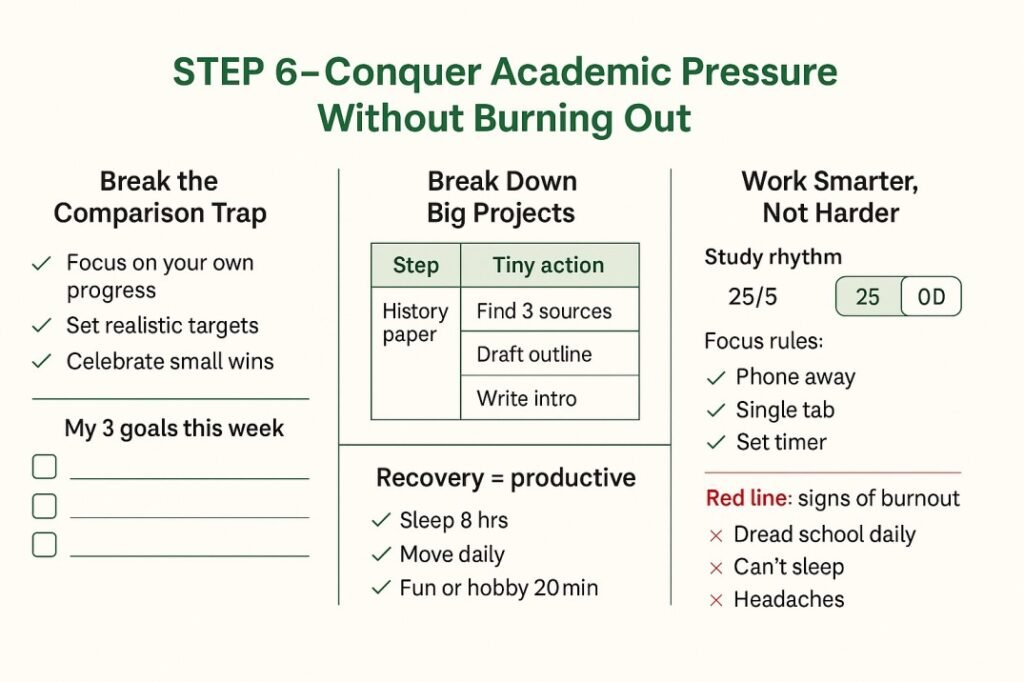 “Step 6: Conquer academic pressure—avoid comparison, break big projects into tiny actions, use a 25/5 study rhythm, and protect rest to prevent burnout.”

