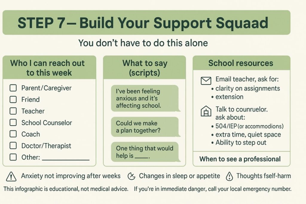 “Step 7: Build your support squad—who to contact, what to say scripts, school resources (504/IEP, extensions), and when to see a professio