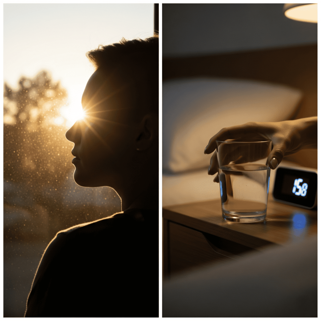 A person getting morning sunlight and drinking a glass of water, two key steps in a healthy morning routine.