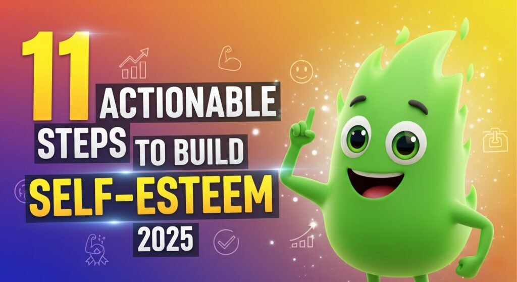 "11 Actionable Steps to Build Self-Esteem 2025 – colorful gradient banner with a smiling green flame character pointing upward, surrounded by icons representing growth, success, and positivity." This way, it’s keyword-rich (“build self-esteem”) while still accurate for accessibility and image search optimization.