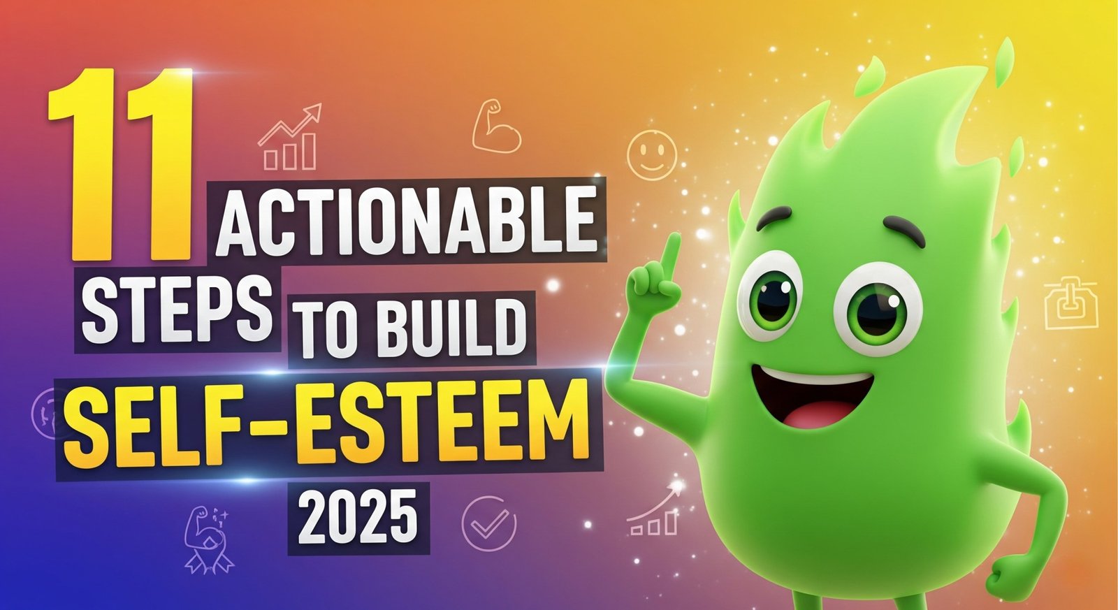 "11 Actionable Steps to Build Self-Esteem 2025 – colorful gradient banner with a smiling green flame character pointing upward, surrounded by icons representing growth, success, and positivity." This way, it’s keyword-rich (“build self-esteem”) while still accurate for accessibility and image search optimization.