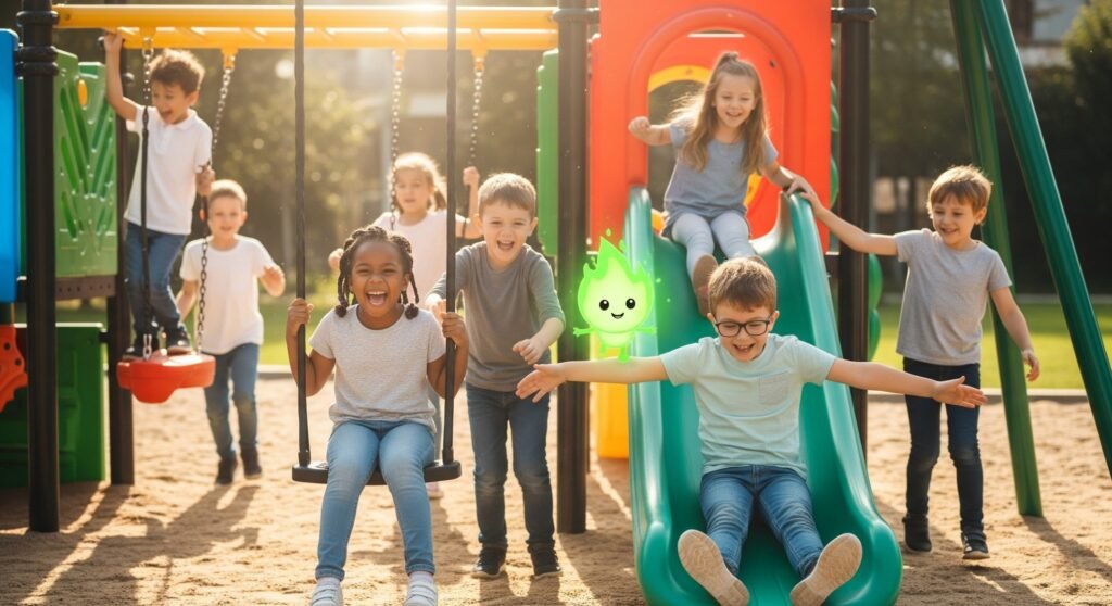 Happy children playing together on a playground with swings and slides, joined by a small glowing green animated character, promoting outdoor fun and teamwork.