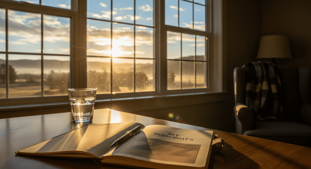 A person's desk ready for a perfect morning routine, with a journal and water illuminated by the sunrise.