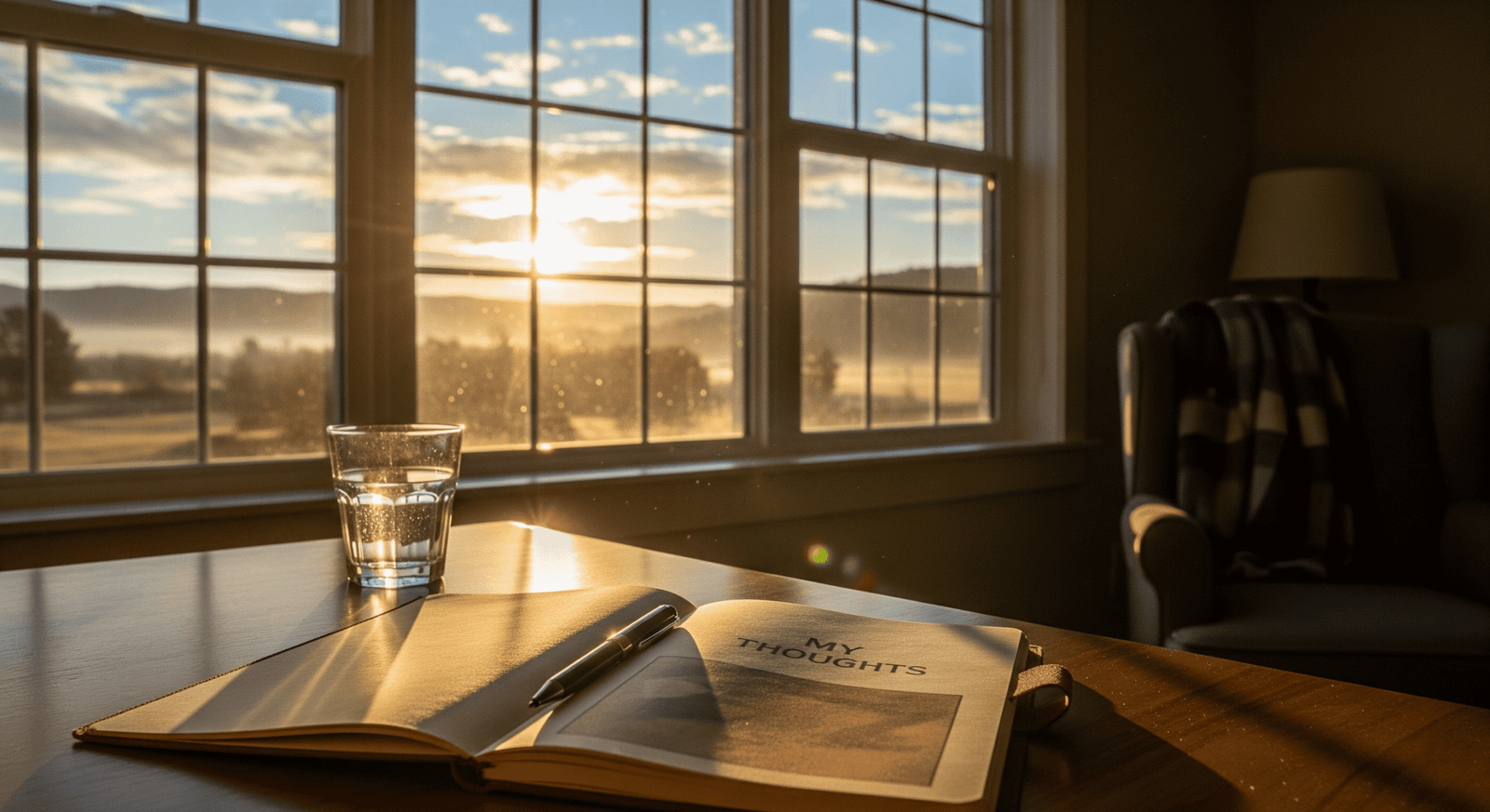 A person's desk ready for a perfect morning routine, with a journal and water illuminated by the sunrise.