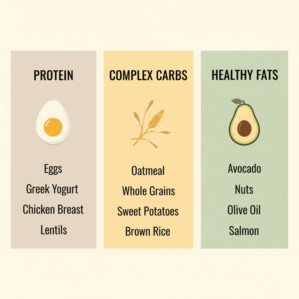 A chart showing the blueprint for a productive breakfast: protein, complex carbs, and healthy fats.