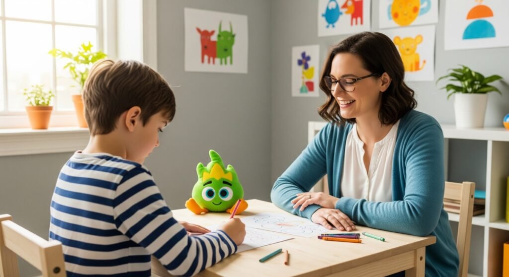 Smiling teacher working with a young boy on a drawing activity at a classroom table, with a small green animated character toy nearby, promoting creative learning and education.