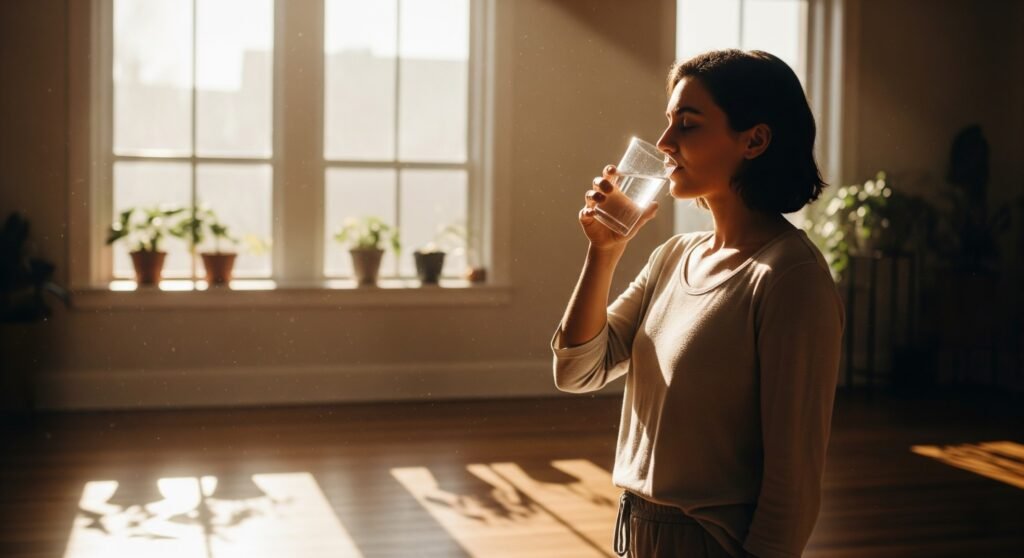 "Mindful morning hydration – woman standing in a sunlit room with potted plants, peacefully drinking a glass of water to start the day."