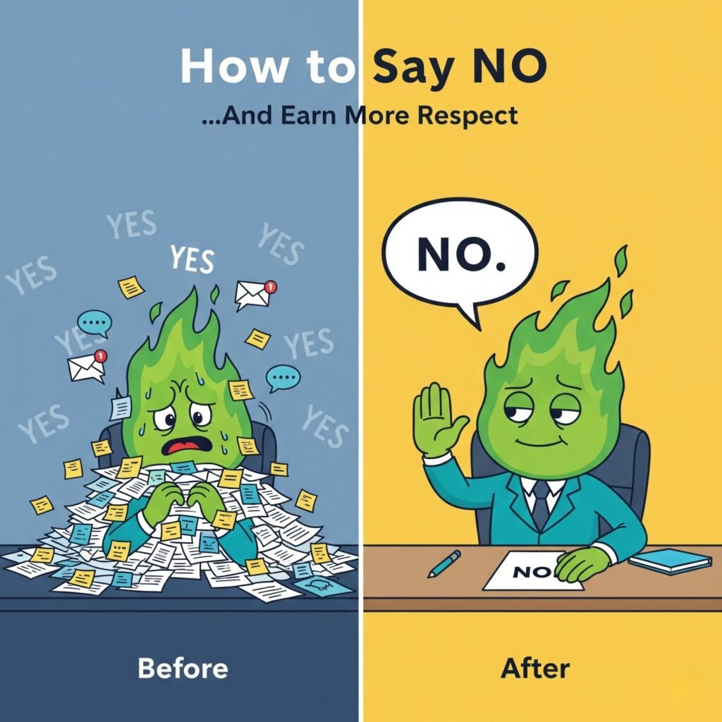 A vertical split-screen image. On the LEFT side (The "Before"): Image: A person (illustrated or a photo) looking stressed and overwhelmed at their desk. They are buried under a mountain of papers, post-it notes, and digital notifications (email icons, chat bubbles). Color Palette: Muted, cool, slightly chaotic colors like blues, grays, and dull purples. Text: In the background, the word "YES" is scattered repeatedly in a faint, messy font. On the RIGHT side (The "After"): Image: The same person now looking calm, confident, and in control. Their desk is clean with only one important task on it. They are holding up one hand in a gentle but firm "stop" gesture or holding a single card that says "NO." Color Palette: Bright, warm, and confident colors like vibrant teal, sunny yellow, or a calming green. Text: A single, clean, bold "NO." is displayed prominently, perhaps in a stylized speech bubble. 2. Main Title Text (Overlaid): Headline: How to Say NO Sub-headline: (In a smaller font below) ...And Earn More Respect flamo is green