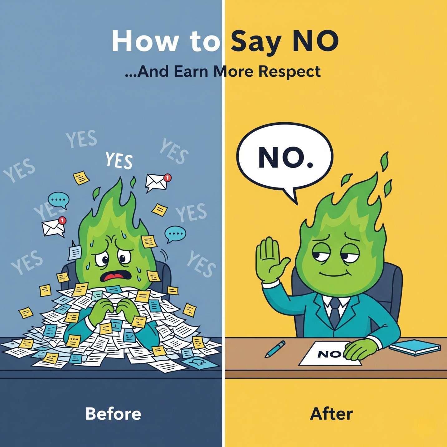A vertical split-screen image. On the LEFT side (The "Before"): Image: A person (illustrated or a photo) looking stressed and overwhelmed at their desk. They are buried under a mountain of papers, post-it notes, and digital notifications (email icons, chat bubbles). Color Palette: Muted, cool, slightly chaotic colors like blues, grays, and dull purples. Text: In the background, the word "YES" is scattered repeatedly in a faint, messy font. On the RIGHT side (The "After"): Image: The same person now looking calm, confident, and in control. Their desk is clean with only one important task on it. They are holding up one hand in a gentle but firm "stop" gesture or holding a single card that says "NO." Color Palette: Bright, warm, and confident colors like vibrant teal, sunny yellow, or a calming green. Text: A single, clean, bold "NO." is displayed prominently, perhaps in a stylized speech bubble. 2. Main Title Text (Overlaid): Headline: How to Say NO Sub-headline: (In a smaller font below) ...And Earn More Respect flamo is green