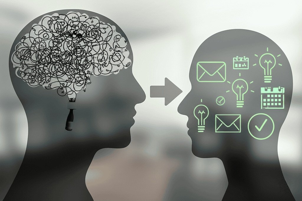 An image depicting a stylized human head. On the left side, it's filled with a chaotic tangle of icons (email, lightbulbs, charts, calendars). An arrow points to the right side, where the head is clear and calm, with the icons neatly organized in a system outside the head.
