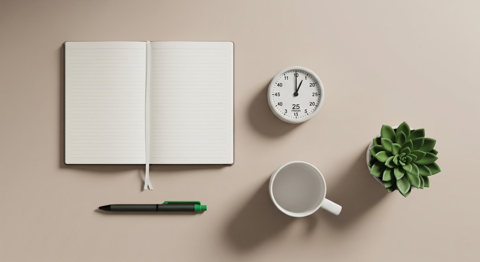 Minimal flat-lay of a notebook, timer, pen with green accent, mug and plant on a neutral desk.