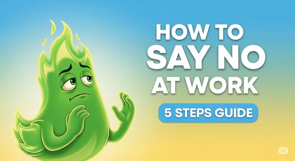 "How to say no at work – 5 steps guide. Green flame-shaped cartoon character looking uncertain, with a gradient blue and yellow background and bold white and blue text." This combines the main keyword (“how to say no at work”) with a concise but descriptive visual reference to boost accessibility and image search rankings.