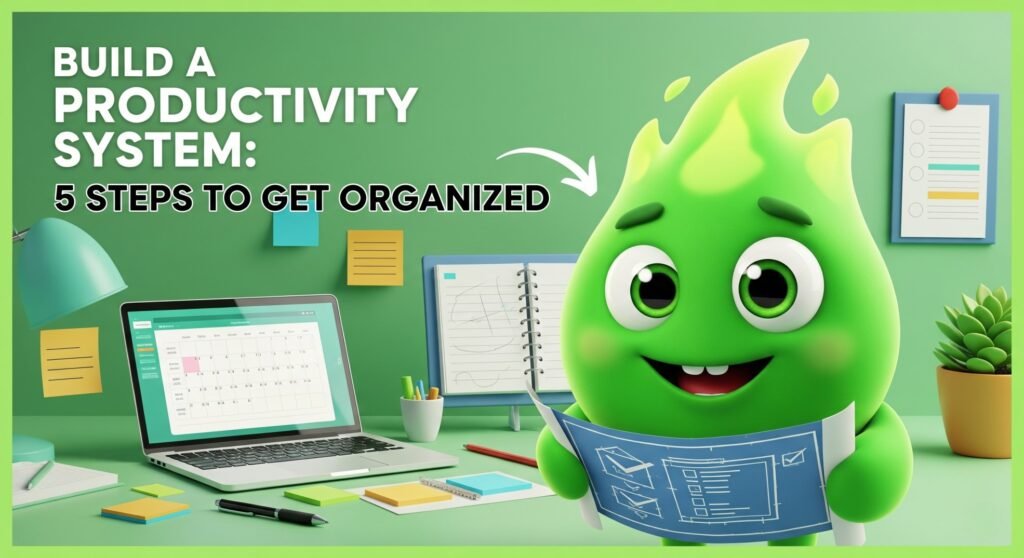 "Build a productivity system – 5 steps to get organized. Green cartoon flame character holding a blueprint in a neatly arranged workspace with a laptop calendar, notebooks, sticky notes, and desk accessories." This balances accessibility, keyword targeting (“productivity system,” “get organized”), and visual description for better image SEO.