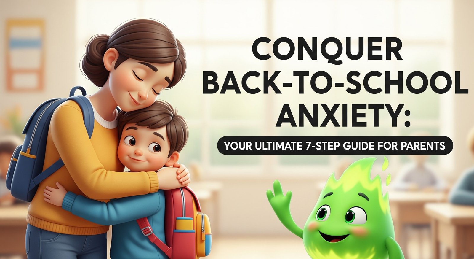 Mother hugging her young child with backpacks in a classroom setting, accompanied by a friendly green animated character, symbolizing emotional support for conquering back-to-school anxiety.