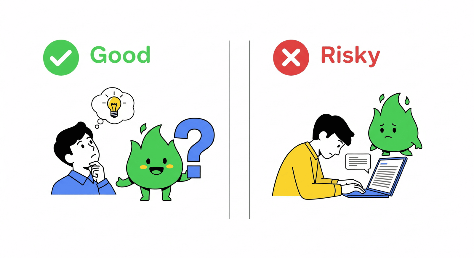 Good vs risky AI study use: green check for asking questions and thinking; red cross for copying answers — student study tips USA & UK