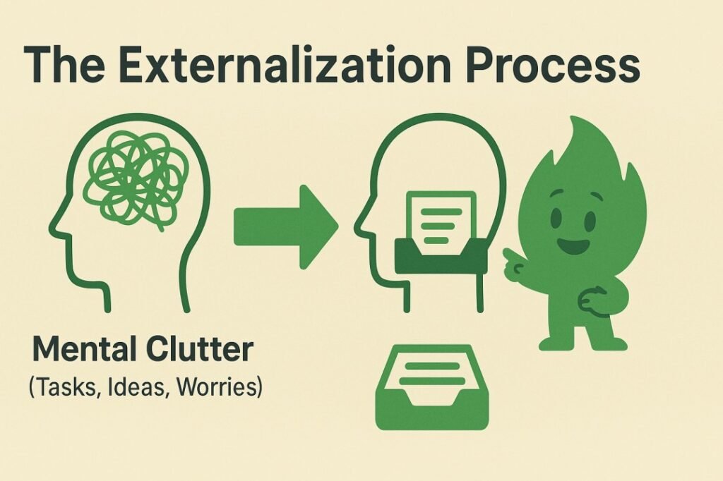 A diagram showing how externalizing mental clutter into a productivity system's inbox leads to a clear mind.