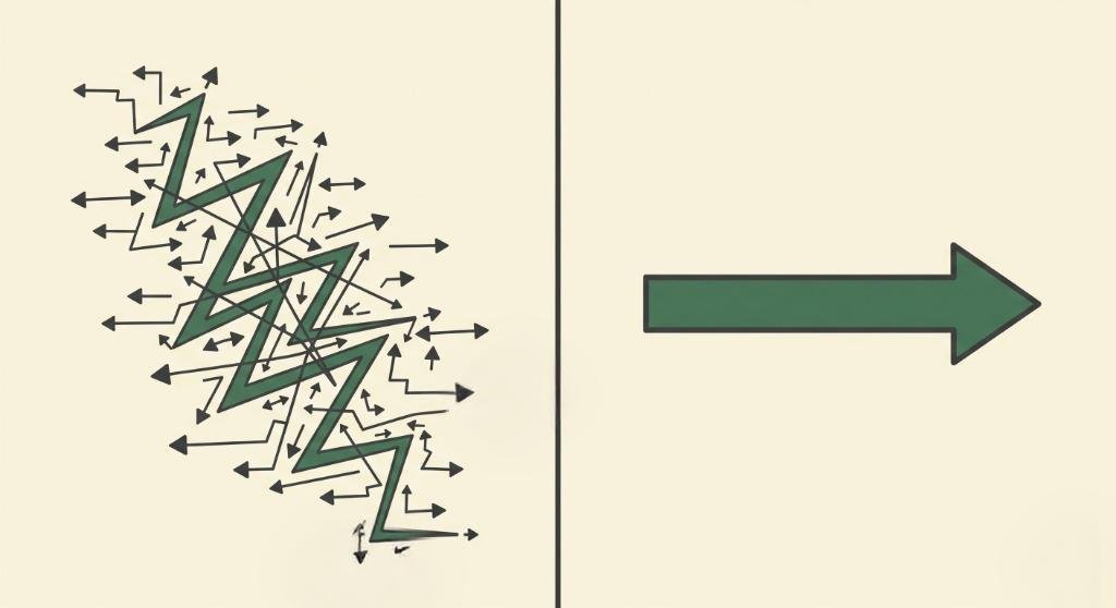 Two-panel comparison: zig-zag path for task switching versus straight arrow for focused work.