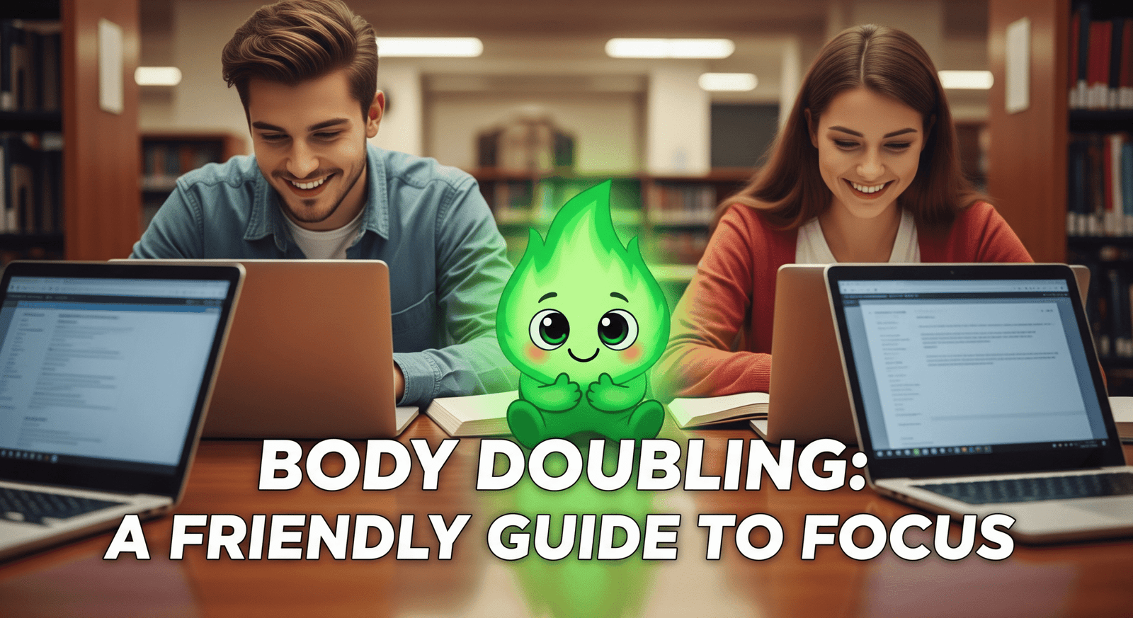 "Two students use the body doubling technique to study, sitting together happily in a library. A friendly green flame mascot sits between them. The text reads 'Body Doubling: A Friendly Guide to Focus,' illustrating a key study strategy for students."
