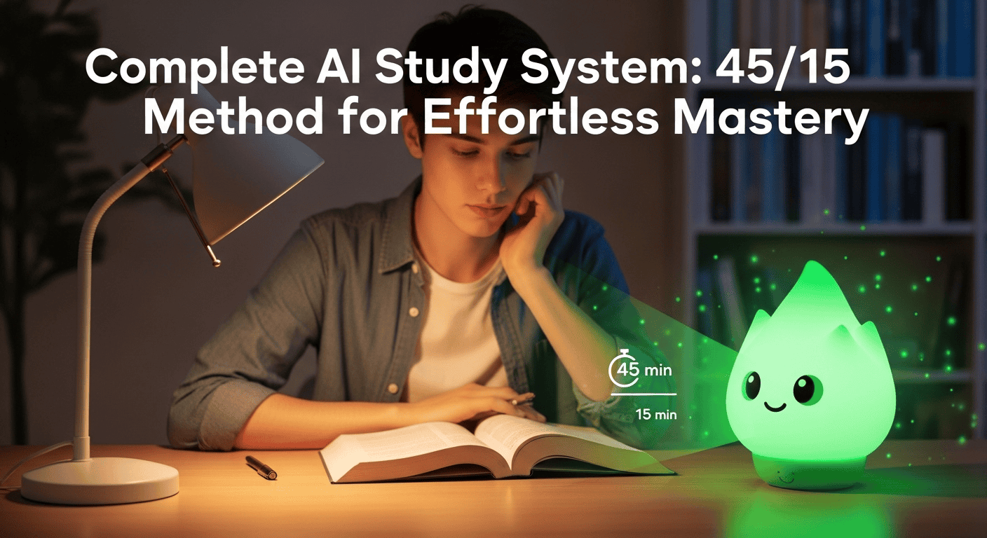 Student studying at a desk with an open book, beside a glowing green timer shaped like a cute character, displaying "45 min" and "15 min" focus intervals. Large text above reads "Complete AI Study System: 45/15 Method for Effortless Mastery."