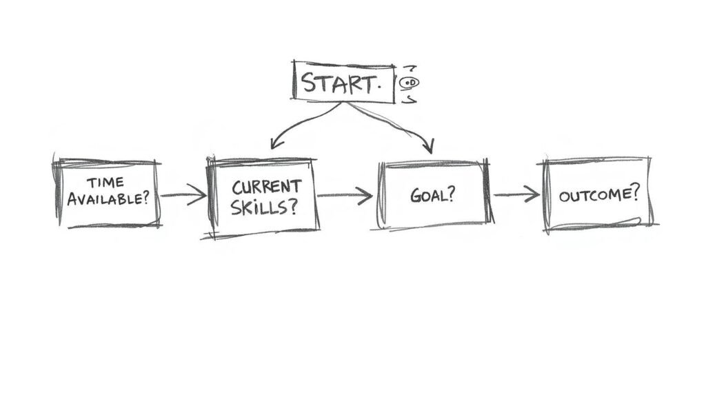 (Image Suggestion: An interactive-style flowchart: "Start → Q1: Time Available? → Q2: Current Skills? → Q3: Goal?" leading to the four path outcomes)